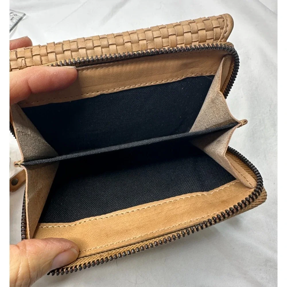 New Harbour 2nd Tan Leather Wallet Zip Around Weave Tri Fold‎ Multi Pocket